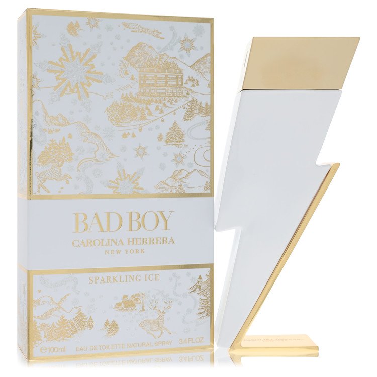 Carolina Herrera Bad Boy Sparkling Ice Eau De Toilette spray bottle with sleek black design and silver accents.