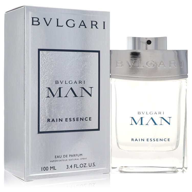 Bvlgari Man Rain Essence Eau De Parfum spray bottle with sleek design and Bvlgari branding in the image.