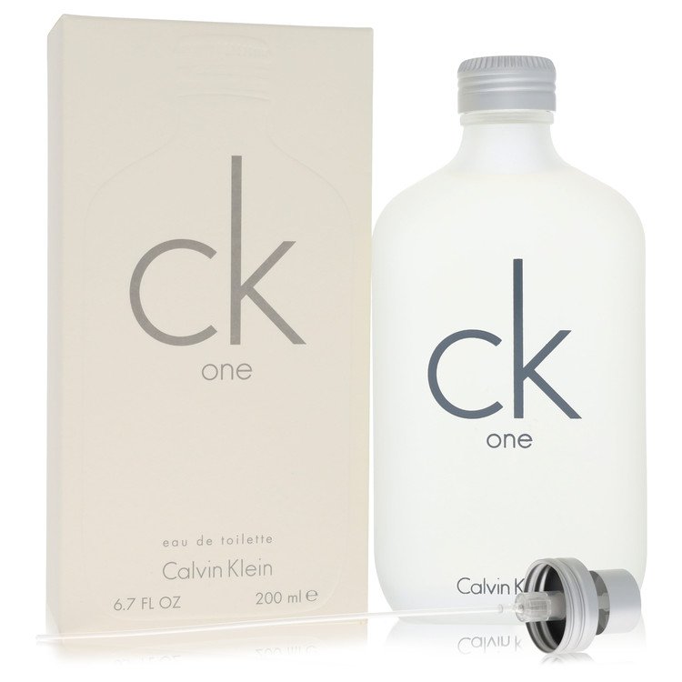Calvin Klein CK One unisex Eau De Toilette spray bottle with minimalist design and branding in the image.