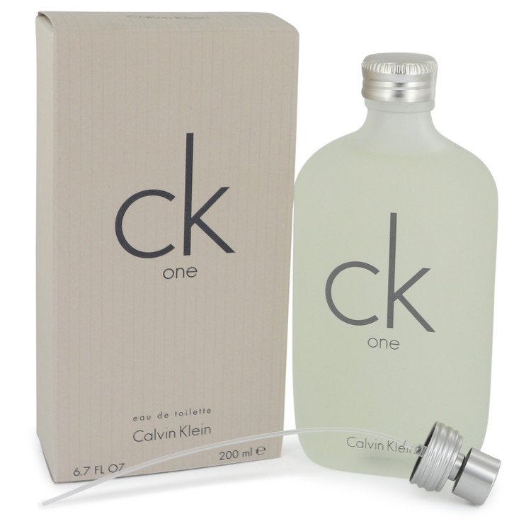 Calvin Klein CK One unisex Eau De Toilette spray bottle with transparent cap and minimalist design, displayed against a white background.