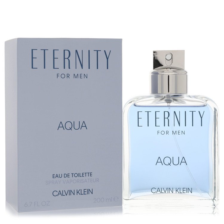 Calvin Klein Eternity Aqua Eau De Toilette Spray bottle with clear glass and blue liquid, featuring a sleek silver cap.