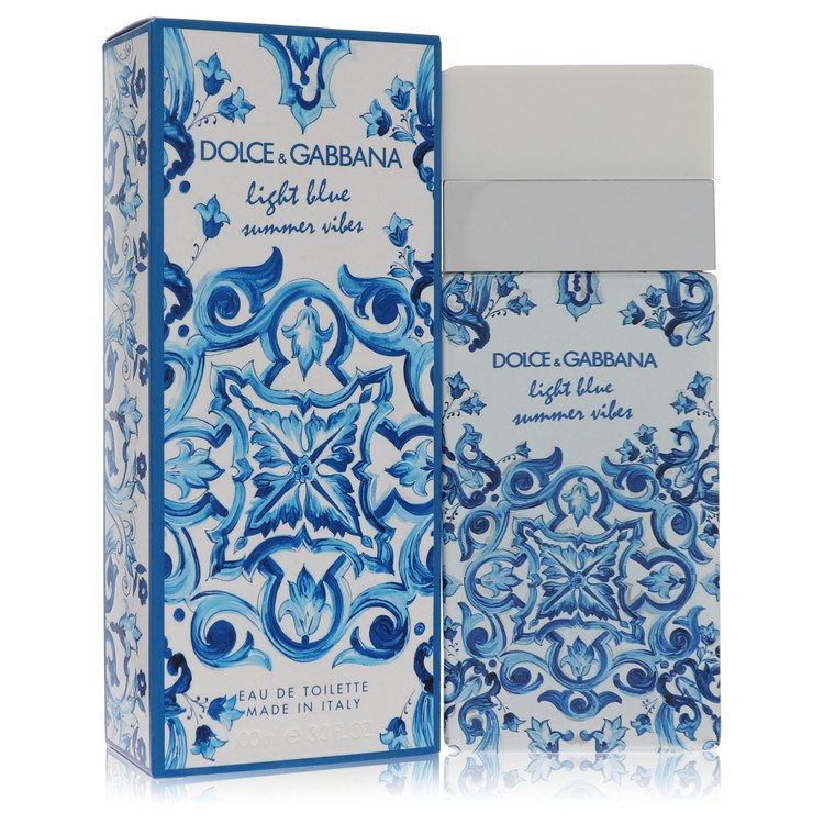 Light blue summer vibes Eau de Toilette spray by Dolce & Gabbana, featuring a sleek glass bottle with a light blue liquid.