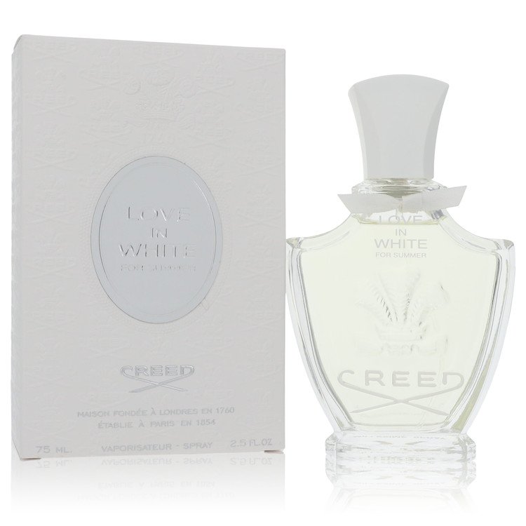 Creed Love In White Summer Eau De Parfum spray bottle with elegant white packaging and silver accents.