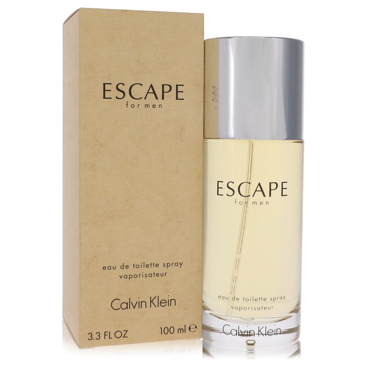 Calvin Klein Escape Eau De Toilette spray bottle with sleek transparent design and silver cap, displayed against a neutral background.