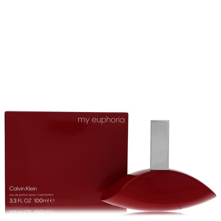 Calvin Klein My Euphoria Eau De Parfum Spray bottle with elegant packaging and floral accents displayed on a neutral background.