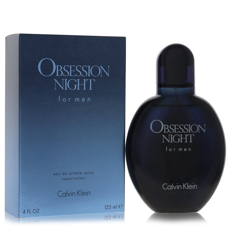 Calvin Klein Obsession Night Eau De Toilette Spray bottle with black and silver packaging on a white background.