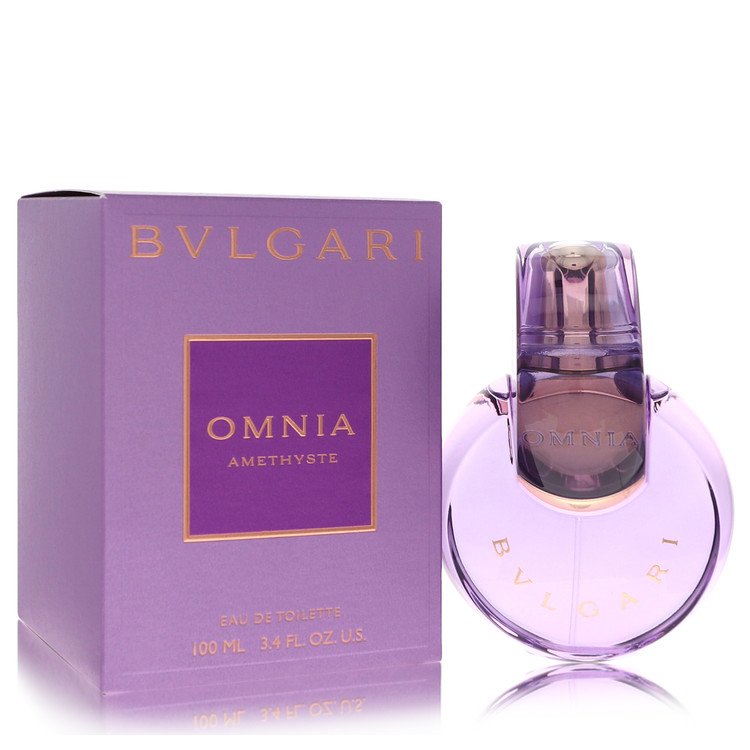 Bvlgari Omnia Amethyste Eau De Toilette spray bottle with purple and silver packaging, showcasing the luxurious fragrance design