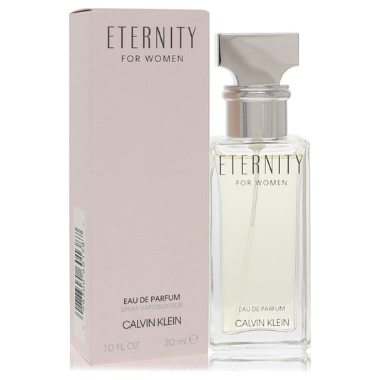 Calvin Klein Eternity Eau De Parfum Spray bottle with silver cap and elegant packaging.