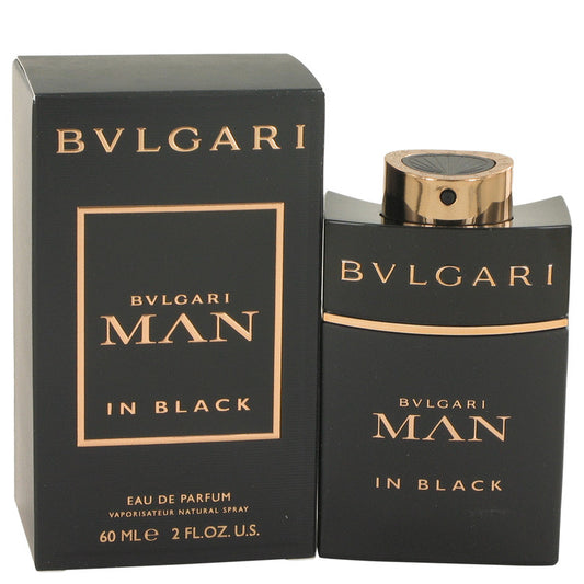 Bvlgari Man In Black Eau De Parfum Spray bottle with sleek black and gold design, representing Bvlgari's signature luxury fragrance.