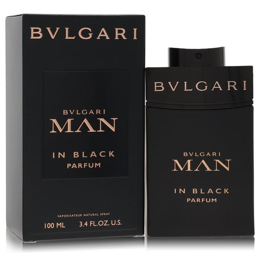 Bvlgari Man In Black parfum spray bottle with sleek black design, featuring the Bvlgari logo and elegant gold accents.