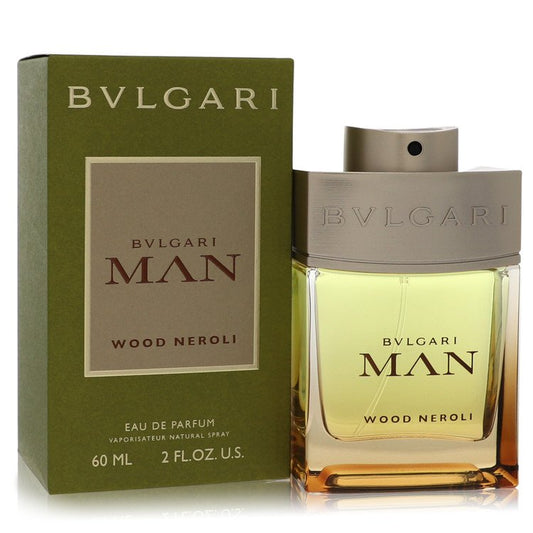 Bvlgari Man Wood Neroli Eau De Parfum Spray featuring a sleek bottle with amber and wood-toned accents