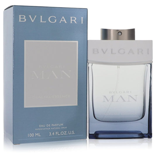 Bvlgari Man Glacial Essence Eau De Parfum spray bottle with sleek design, representing luxury men's fragrance by Bvlgari.