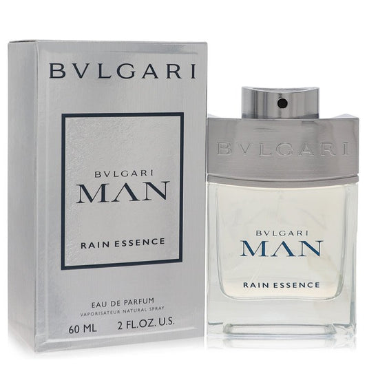 Bvlgari Man Rain Essence Eau De Parfum spray bottle, luxury men's fragrance with a sleek design and silver cap.