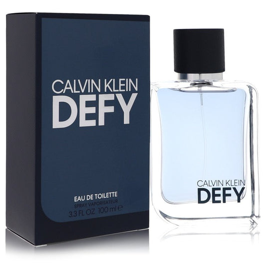 Calvin Klein Defy Eau De Toilette spray bottle with sleek design and minimalist label, ready for use.
