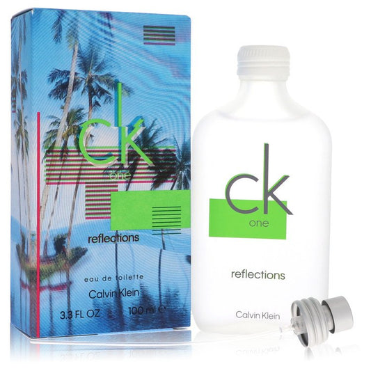 Calvin Klein CK One Reflections unisex Eau De Toilette spray bottle with reflective silver design and minimalist branding.