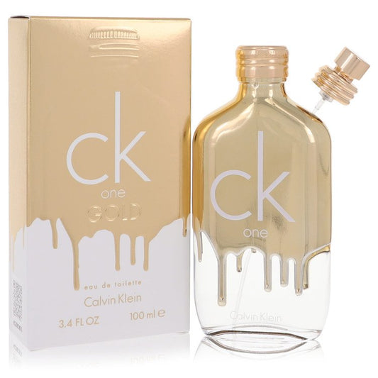 Calvin Klein CK One Gold unisex Eau De Toilette spray bottle with gold accents and clear packaging.
