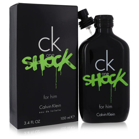 Calvin Klein CK One Shock Eau De Toilette spray bottle with black and colorful packaging visible.