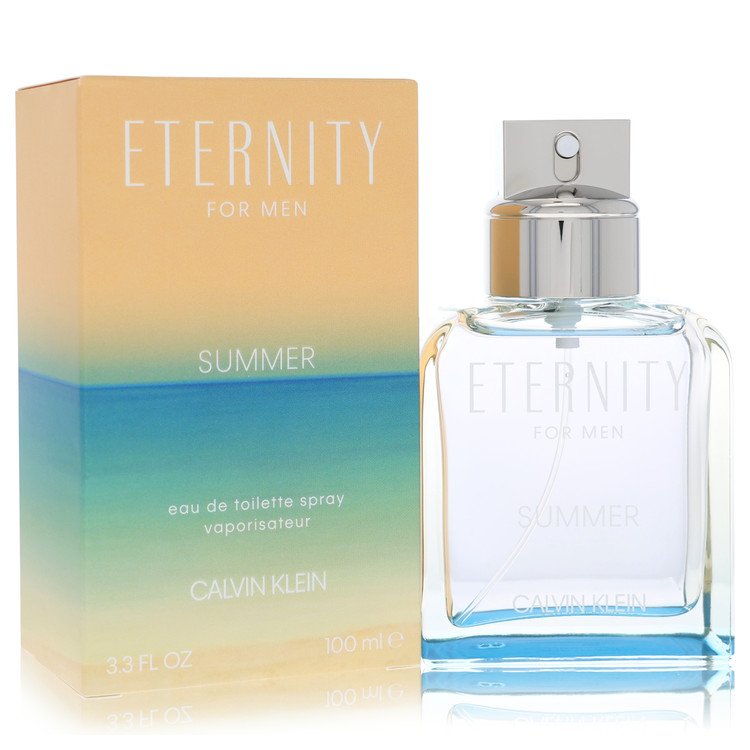 Calvin Klein Eternity Summer Eau De Toilette Spray 2019 bottle with a sleek design and light blue liquid inside.
