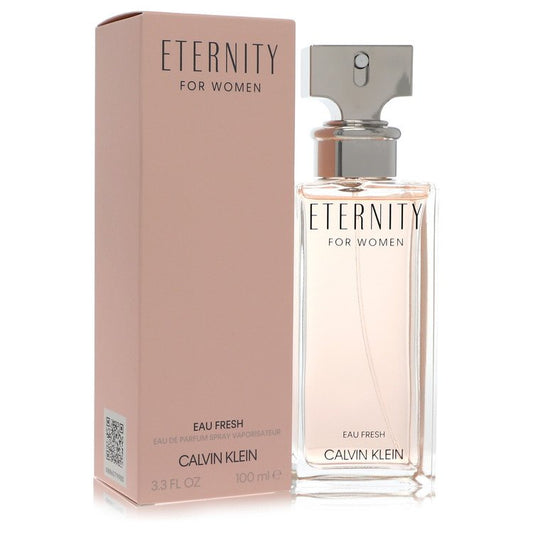 Calvin Klein Eternity Eau Fresh Eau de Parfum spray bottle with sleek design and clear label, showcasing the fragrance packaging.