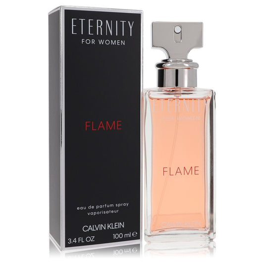 Calvin Klein Eternity Flame Eau De Parfum Spray bottle with elegant black and gold packaging, showcasing the fragrance design.