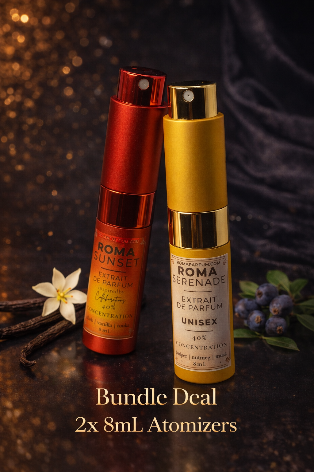 Roma Serenade + Roma Sunset Bundle — Extrait de Parfum 8mL Duo 40% Concentration Roma Parfum — Luxury Extrait de Parfum | Lasting Fragrance for Women & Men