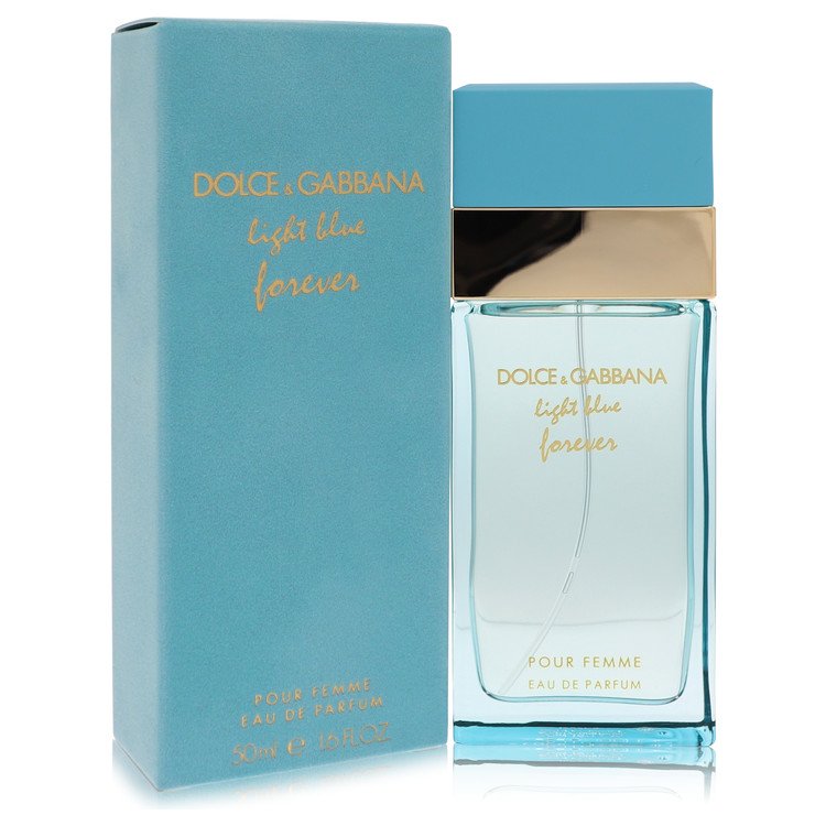 Light blue Forever Eau De Parfum spray by Dolce & Gabbana featuring the elegant light blue bottle on a white background.