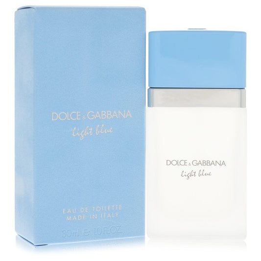 Light blue Dolce & Gabbana Eau De Toilette spray bottle with a blue gradient design on a white background