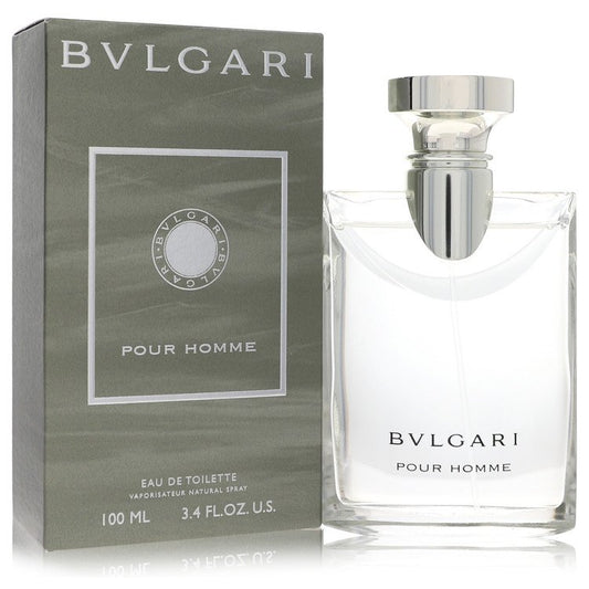 Bvlgari Eau De Toilette Spray bottle with elegant packaging, showcasing the luxury fragrance brand's signature design.