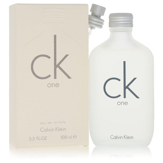 Calvin Klein CK One unisex Eau De Toilette spray bottle with minimalist design and clear branding.