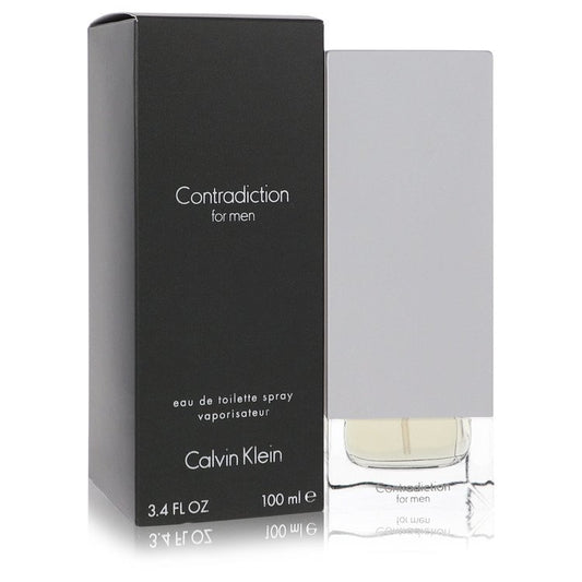 Calvin Klein Contradiction Eau De Toilette Spray with a sleek glass bottle and minimalist design.