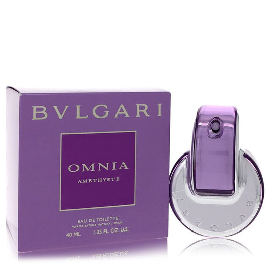 Bvlgari Omnia Amethyste Eau De Toilette spray bottle, elegant purple packaging with a sleek, modern design.