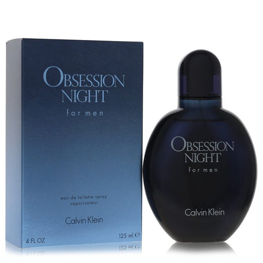 Calvin Klein Obsession Night Eau De Toilette Spray bottle with black and silver packaging on a white background.
