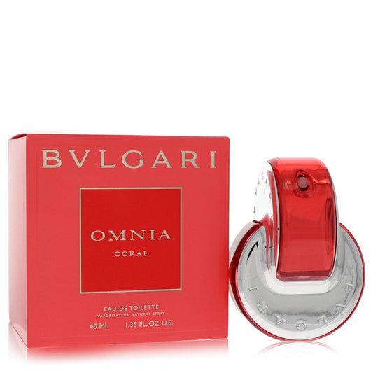 Bvlgari Omnia Coral Eau De Toilette spray bottle with coral-colored cap and elegant packaging.