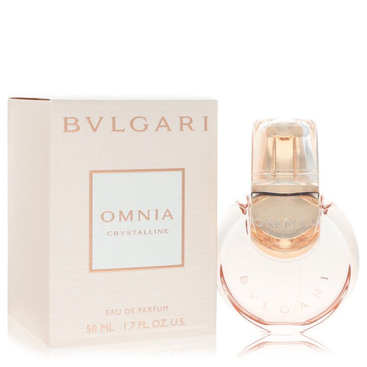 Bvlgari Omnia Crystalline Eau De Parfum Spray featuring a sleek perfume bottle with clear glass and metallic accents.