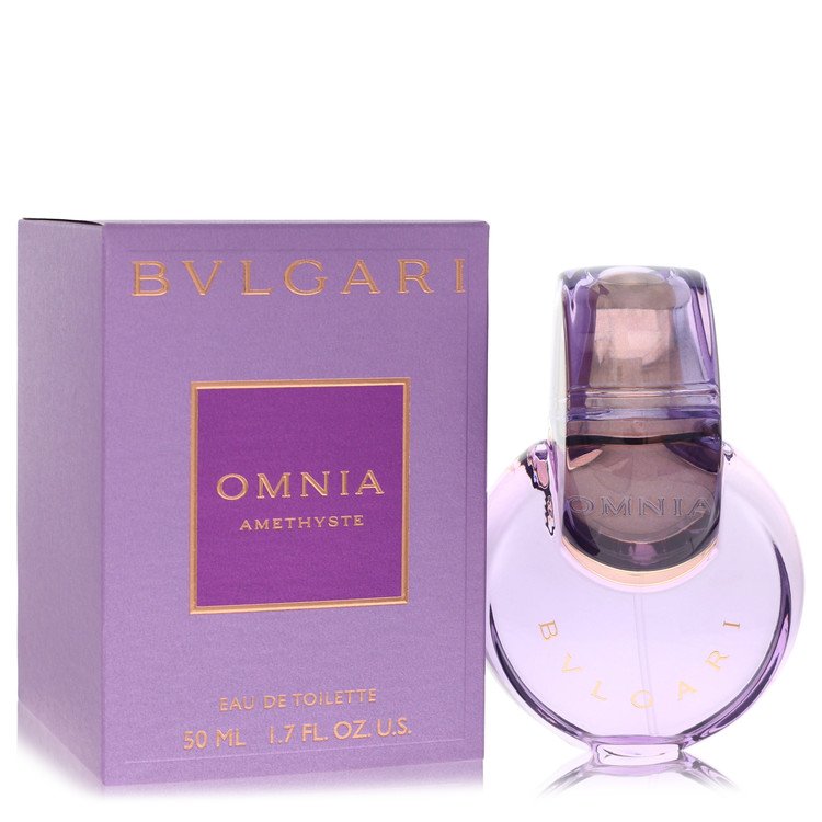 Bvlgari Omnia Amethyste Eau De Toilette spray bottle with purple and silver design, showcasing the elegant perfume packaging.