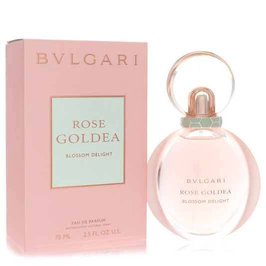 Bvlgari Rose Goldea Blossom Delight Eau De Parfum Spray with elegant floral perfume bottle and rose accents.