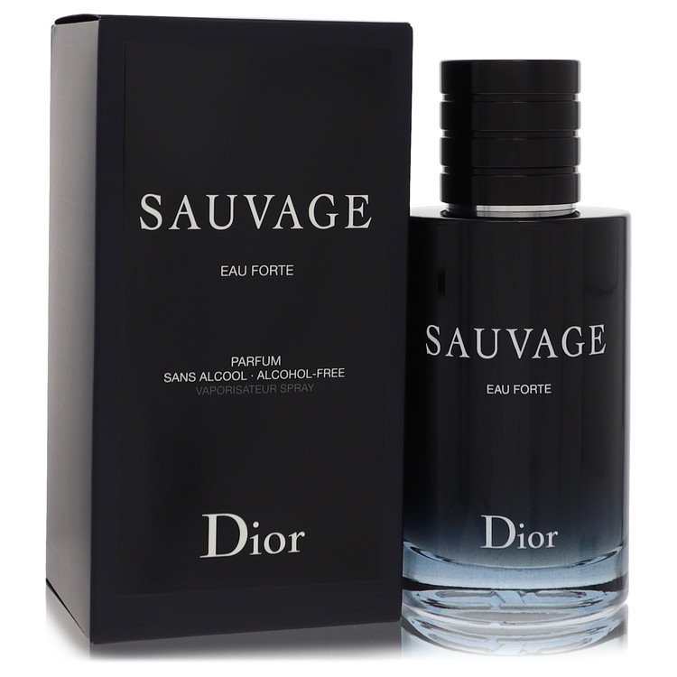 Christian Dior Sauvage Eau Forte Parfum Spray bottle with sleek design and minimalist label on a neutral background.