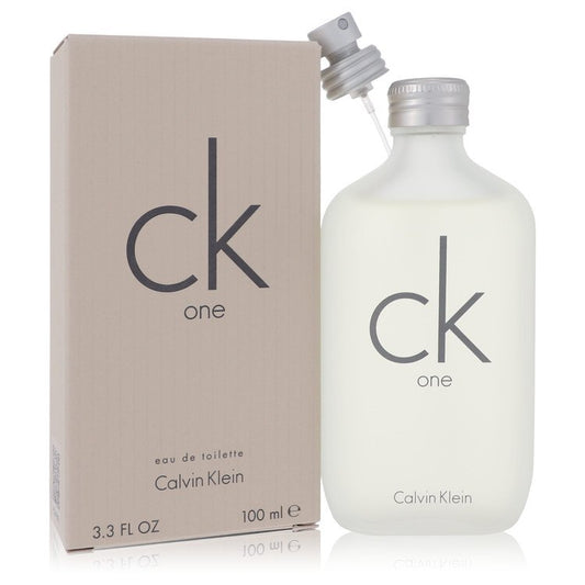 Calvin Klein CK One unisex Eau De Toilette spray bottle with minimalist design and transparent cap, showcasing the fragrance.
