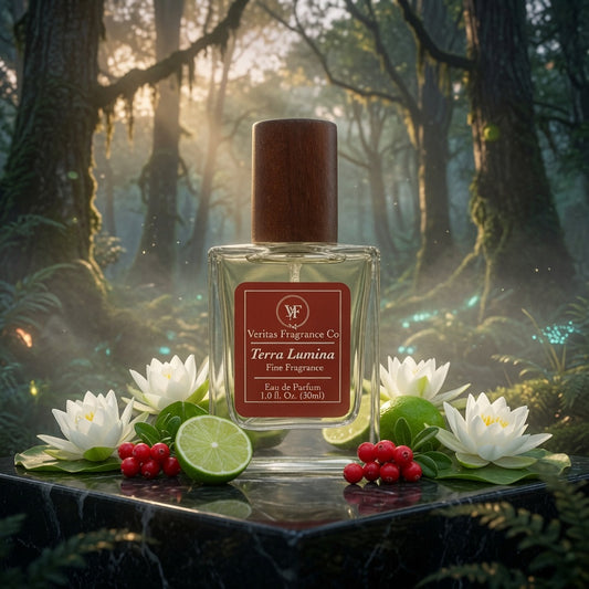 Terra Lumina scented candle by Veritas Fragrance Co with a glass jar, surrounded by natural ingredients and greenery.